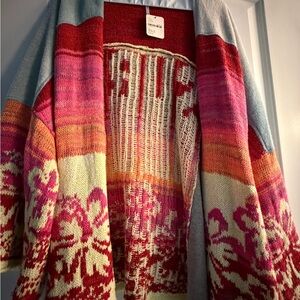Free People Pink Red Cream Blue Striped Floral Open Knit Cardigan